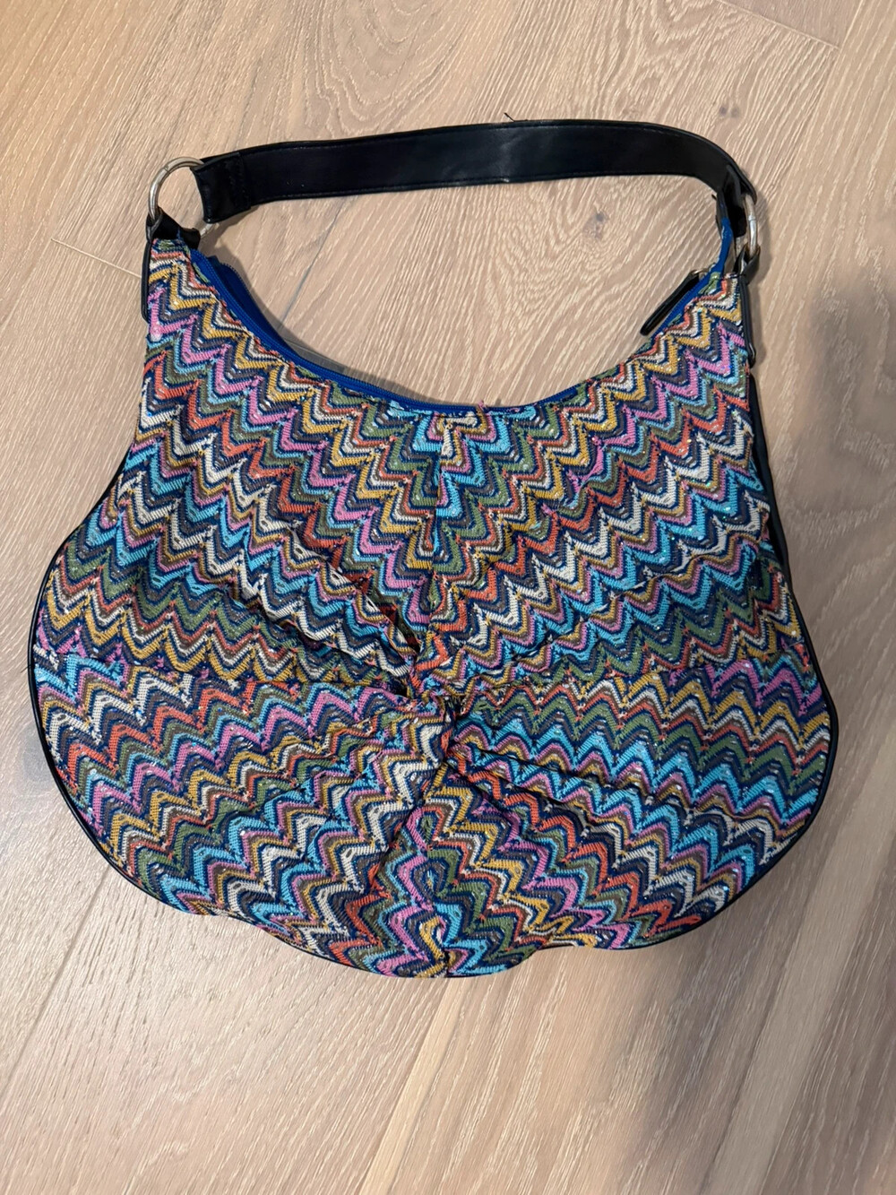 Candie textile hobo bag multicolor zigzag knit pattern